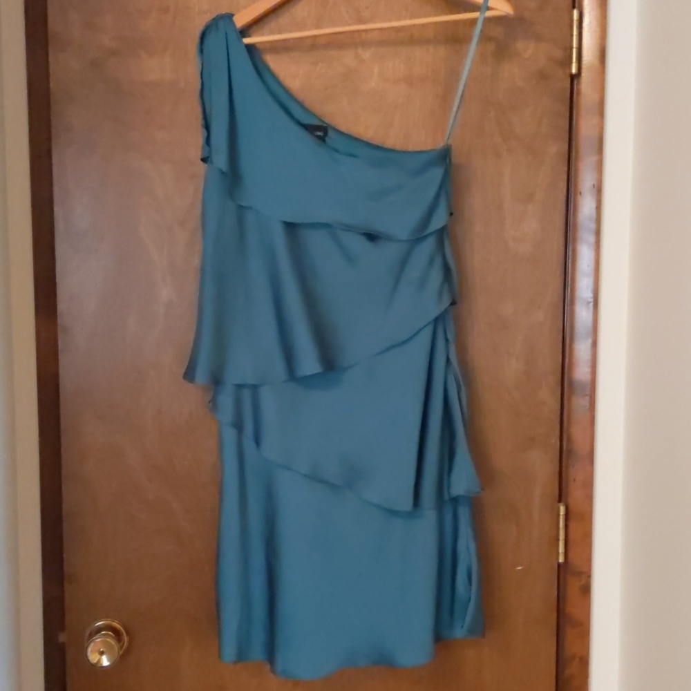 Teal one shoulder layered sheath cocktail dress